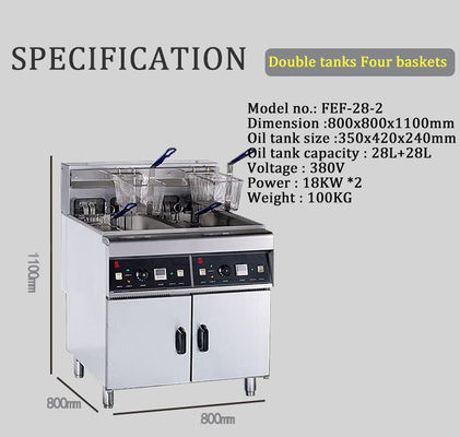 Elektrisch restaurant Deep Fryer 28L*2 2 Tank 4 Basket Oververhitting Protection 800x805x1100