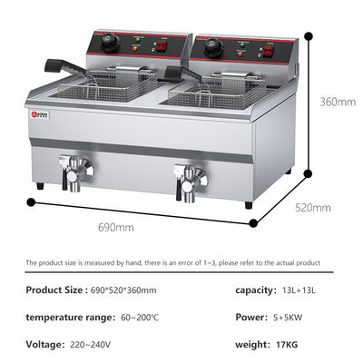Dubbele tanks Elektrische deep fry met olie klep en 60-200 graden temperatuur