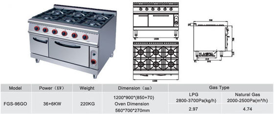 Commerciële 6 branders Gasoven Range Oven 220KG Capaciteit en Spanning V LPG2800PA